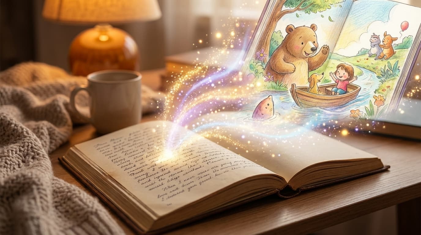 Magical sparkles transforming text into a colorful illustrated children's book page, with warm golden light and whimsical characters emerging from the words
