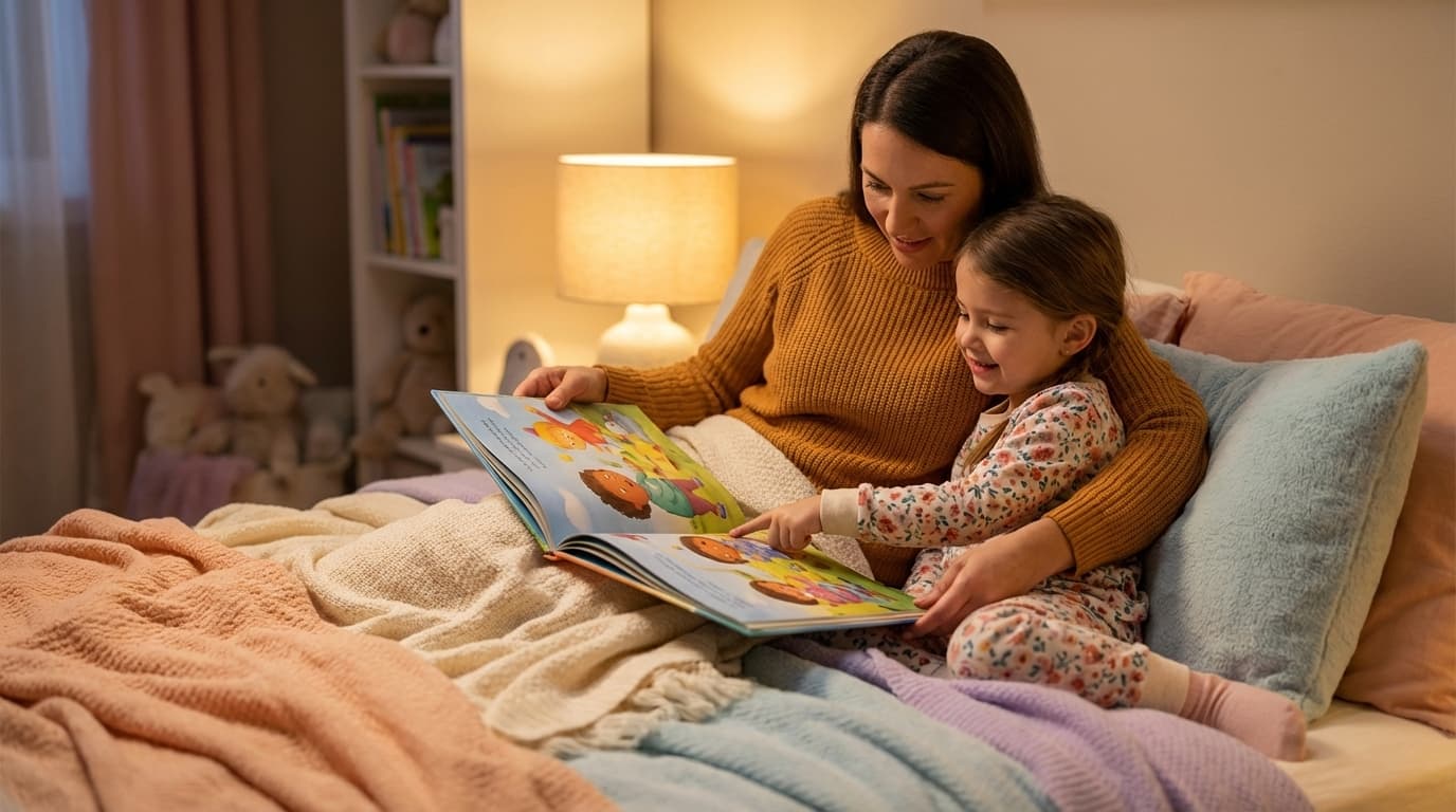 A parent and child sitting together on a cozy bed reading a colorful illustrated book, warm lamp light, soft blankets, peaceful bedtime atmosphere