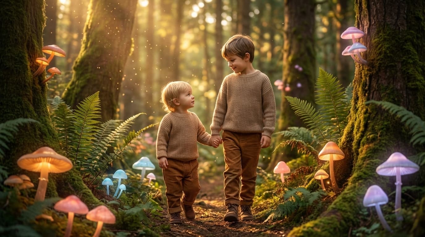 Two child characters — one older, one younger — sharing a magical adventure together, the older one protectively holding the younger one's hand in an enchanted forest