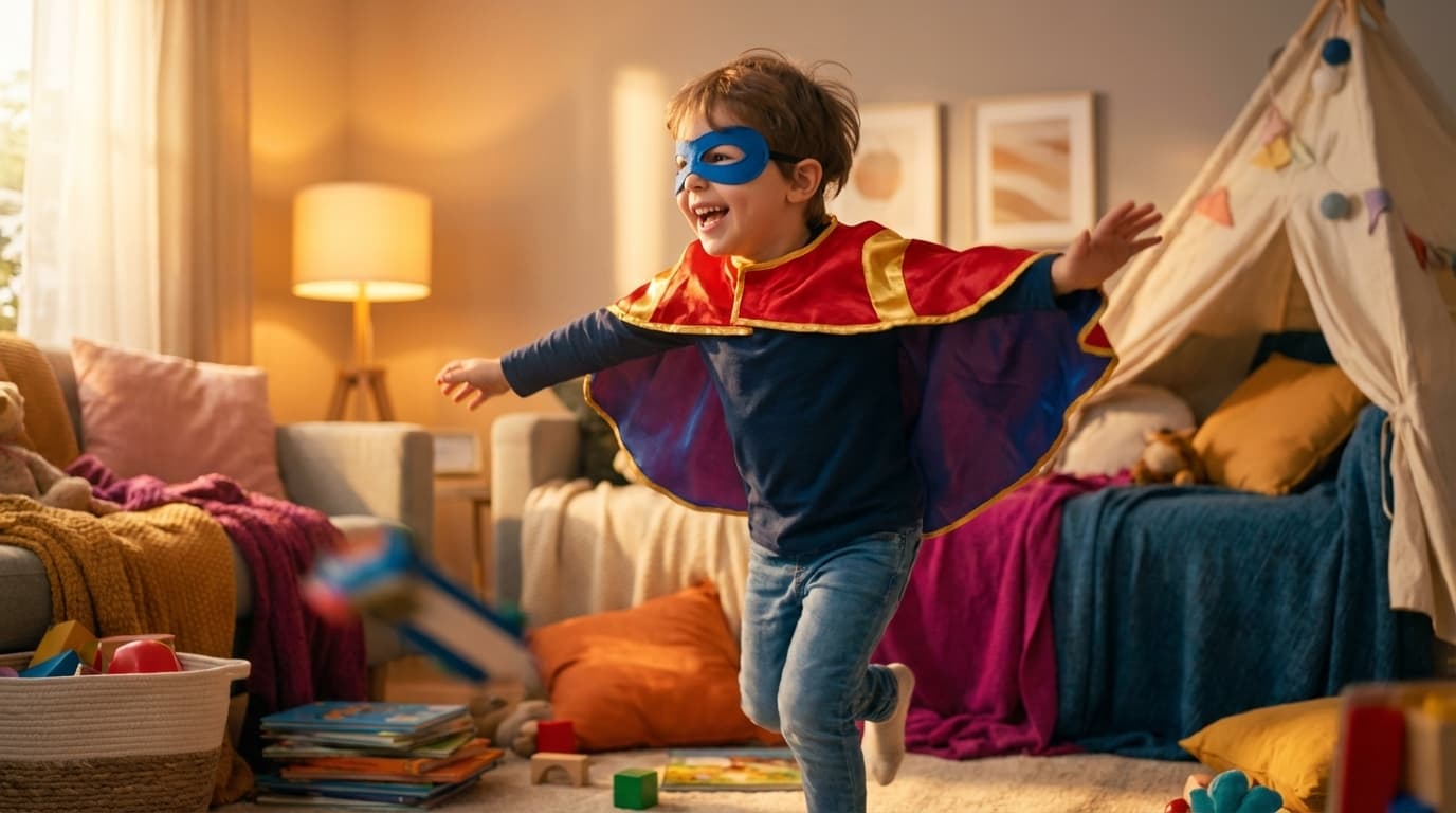 An energetic child character with a superhero cape discovering that their speed, creativity, and energy are actually superpowers, vibrant dynamic composition